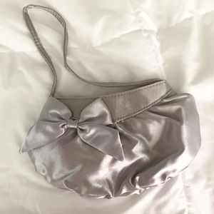 Silver Satin Clutch with Strap and Bow